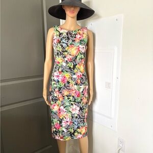 Beige by eci Floral Print Midi Dress multicolor roses stretch used size Small